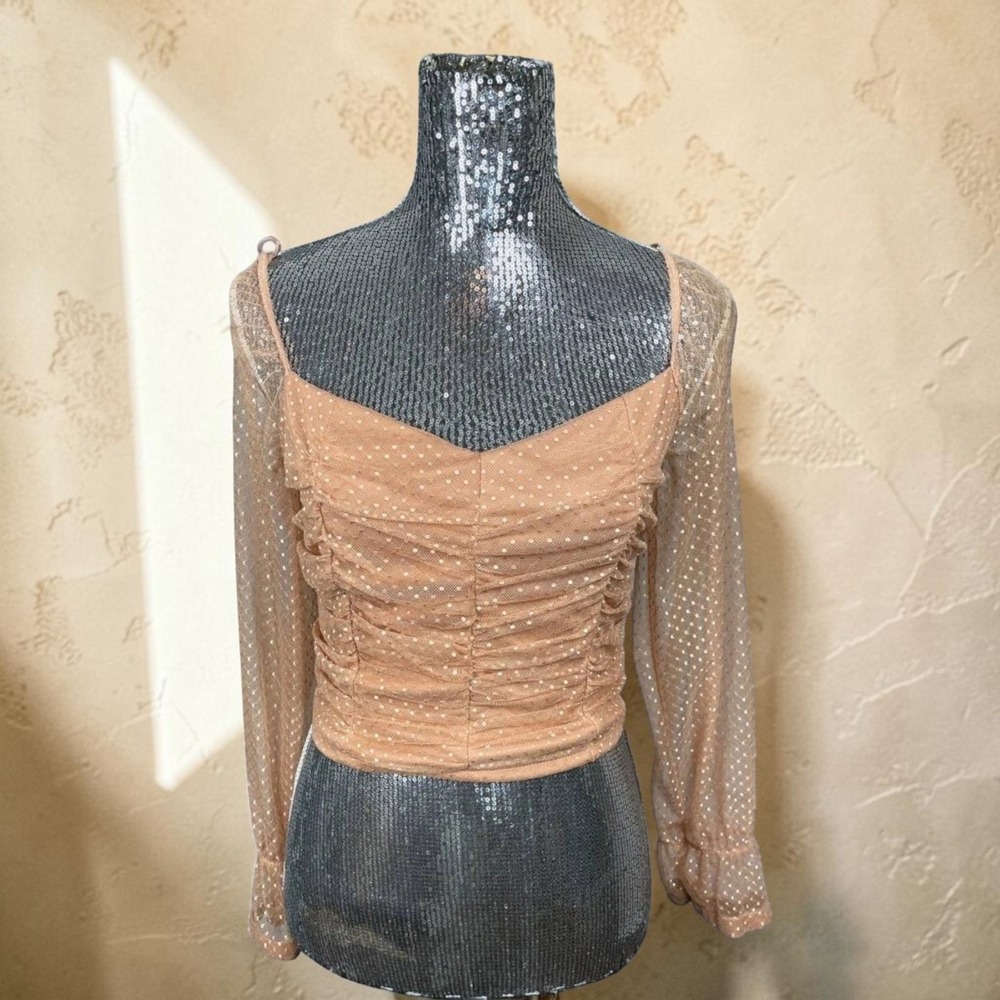 Y2K Ruched Mesh Long Sleeve Top Sheer Fairy Coquette Romantic Blouse Medium